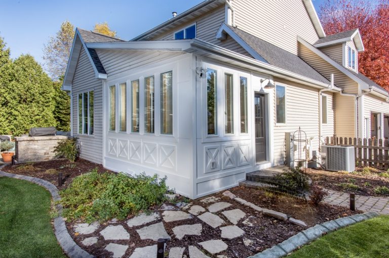 Sunroom and Patio 3 White Sunroom remodel VKB Homes exterior