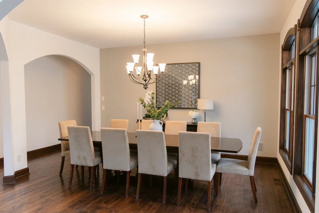 Elegant dining room with wooden accents