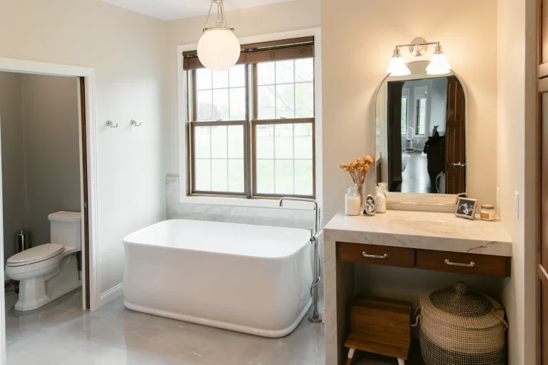 Modern bathroom with bathtub and vanity
